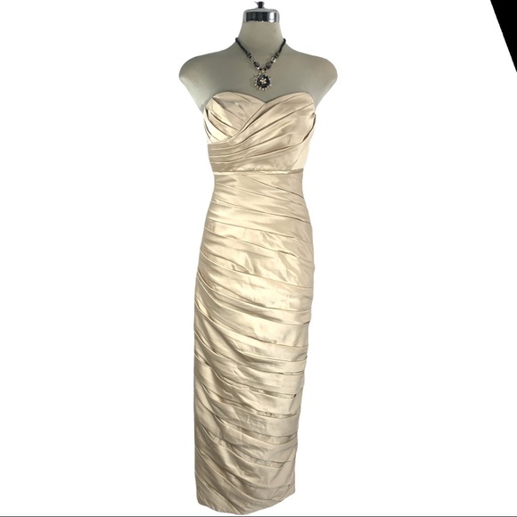 Andrew Adela Beige Sheath Ruffle Strapless Gown - Picture 14 of 16